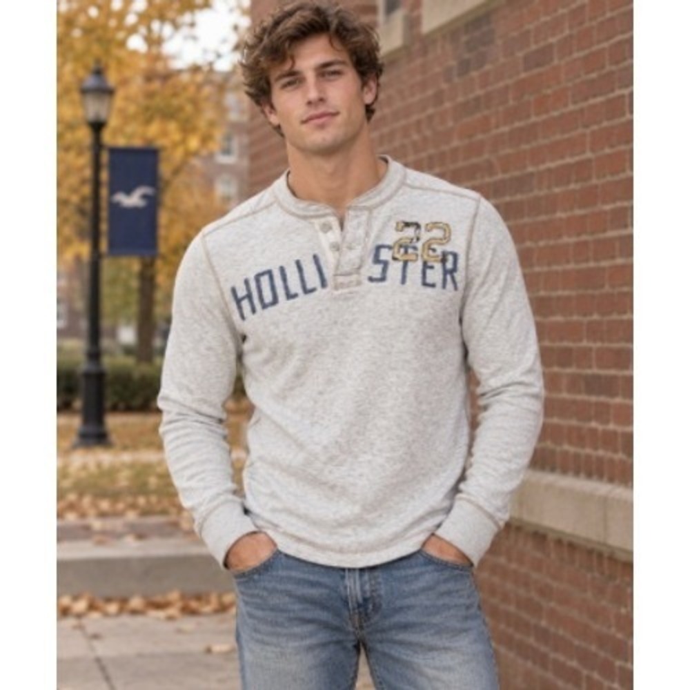 Y2K Hollister Mens L Gray Henley Long Sleeve Spellout 22 Shirt